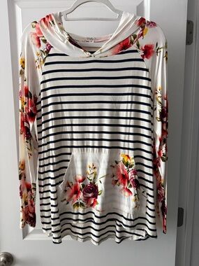 Striped Hooded Long Sleeve Top with Pink Floral Accents - Cream/Navy